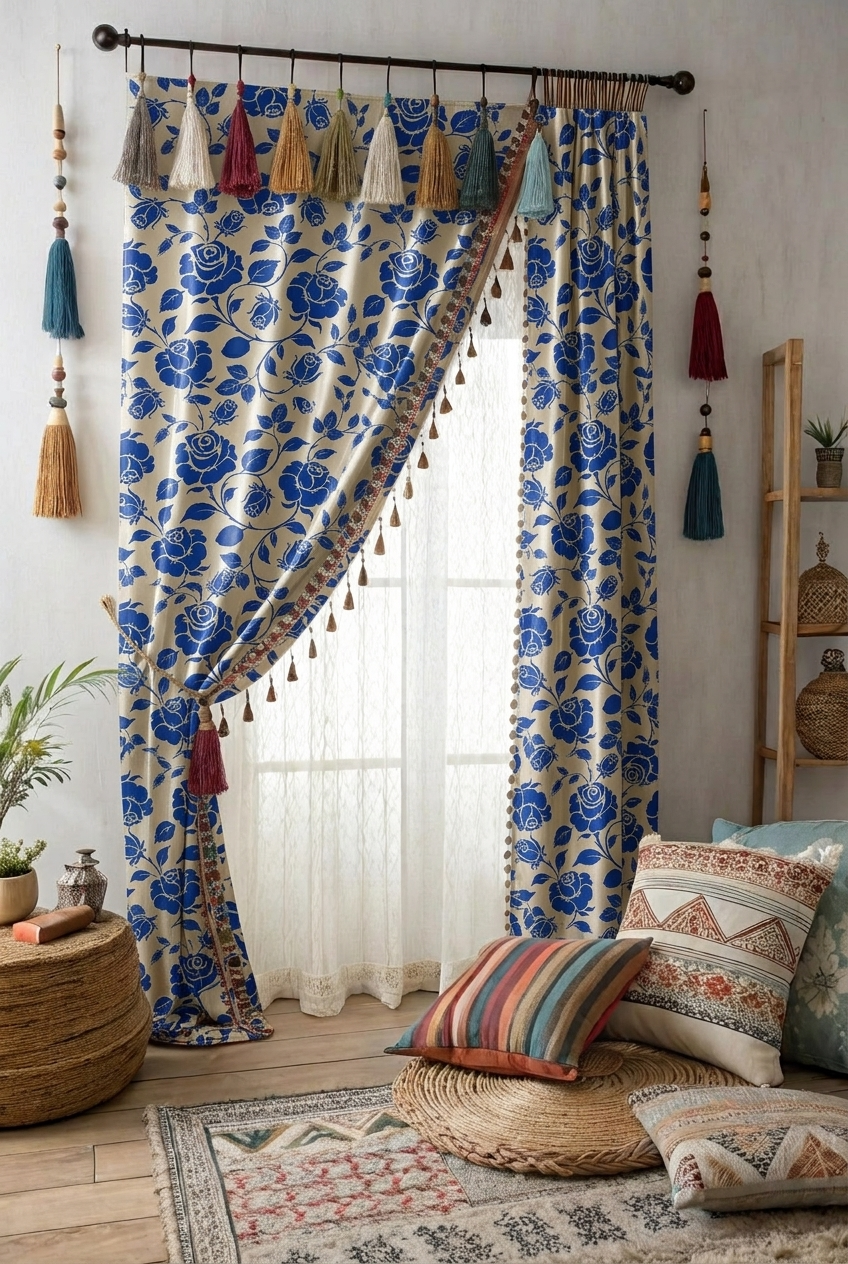 FS030 Blue Flower on Beige Printed Fabric for curtain 