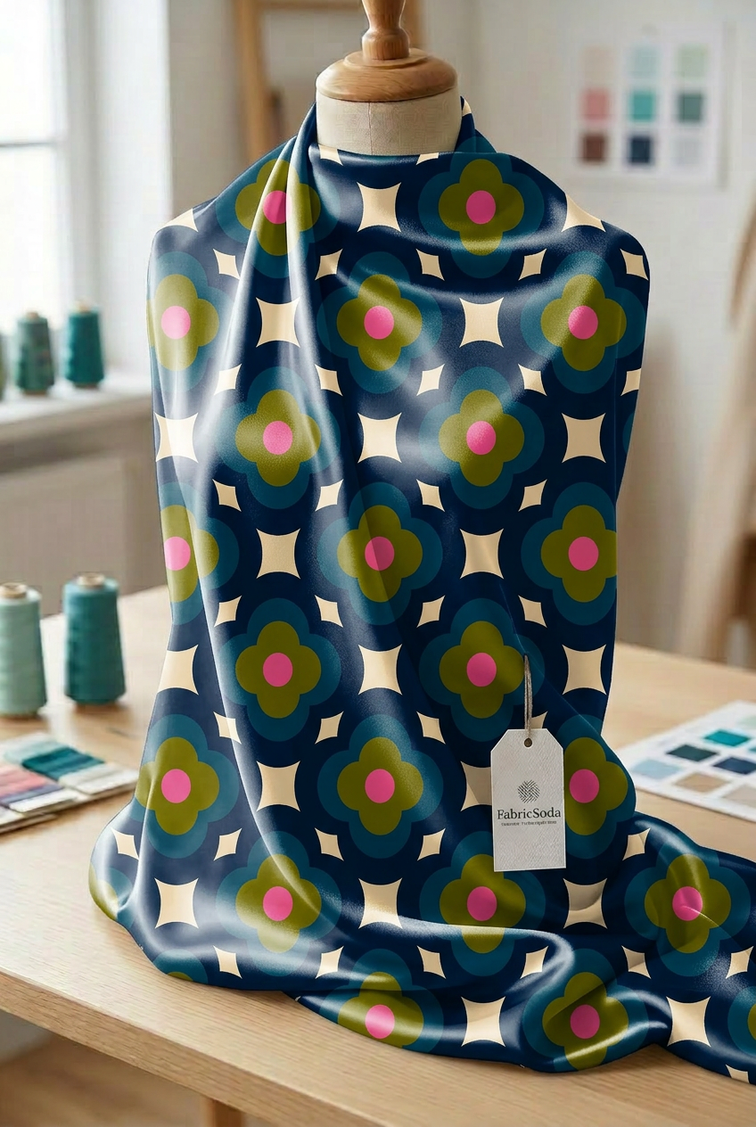 FS034 Navy on Beige Geometric Printed Fabric