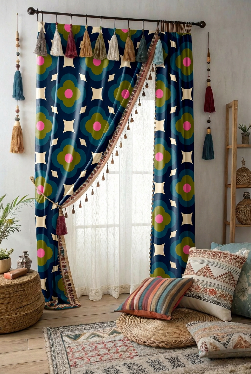 FS034 Navy on Beige Geometric Printed Fabric for curtain 