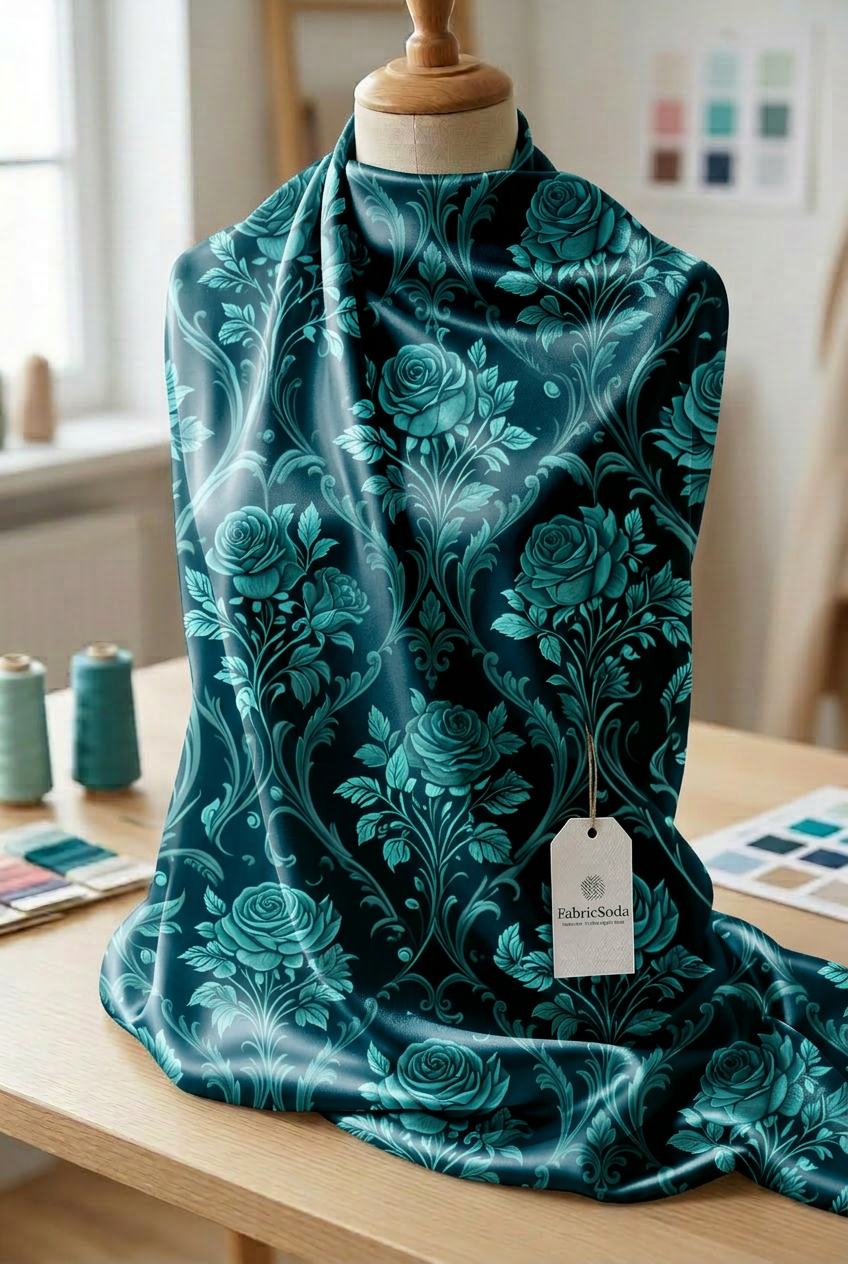 FS059 Teal Rose Baroque Printed Fabric