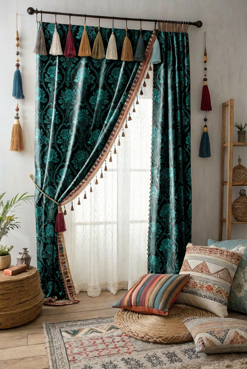 FS059 Teal Rose Baroque Printed Fabric for curtain 