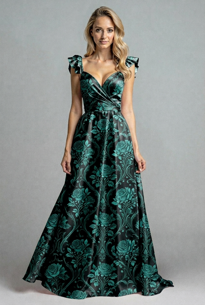 FS059 Teal Rose Baroque Printed Fabric for dress 