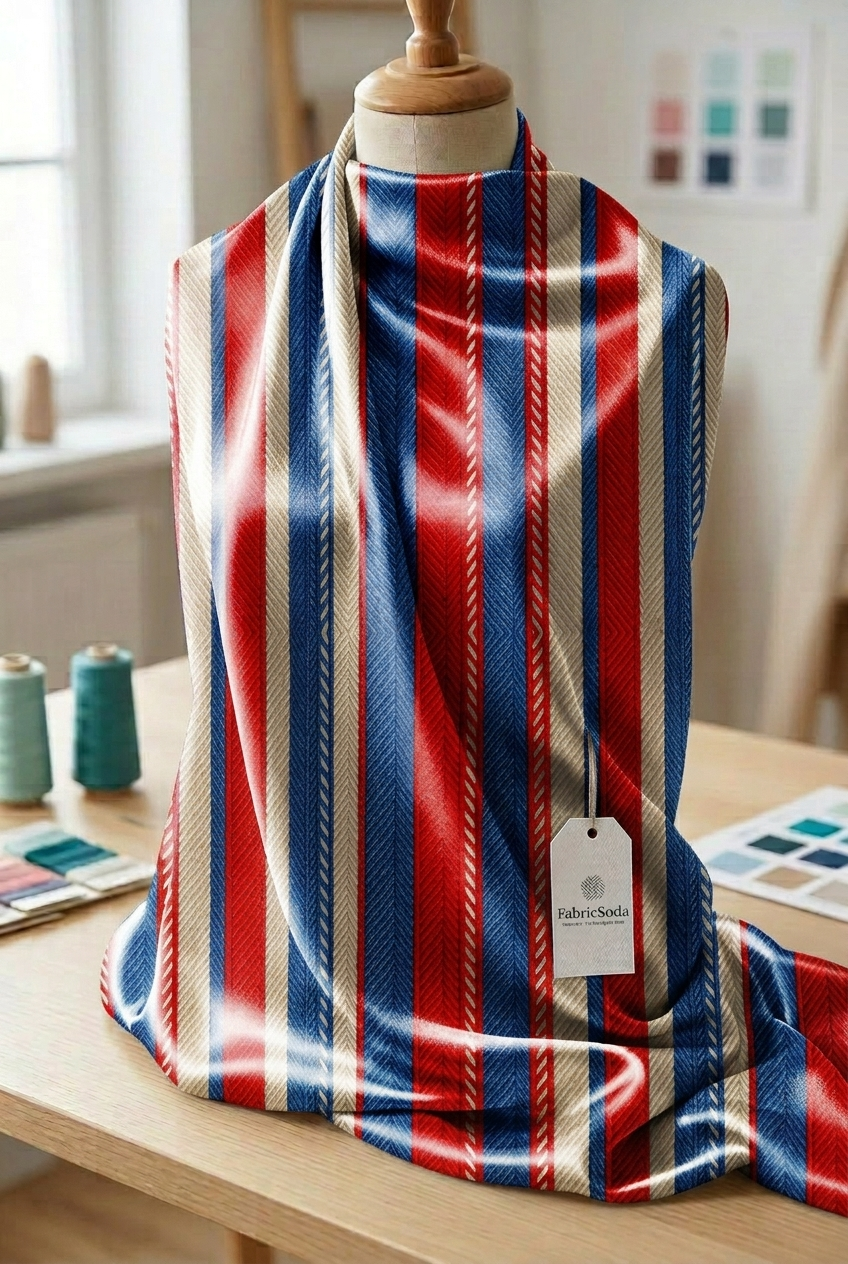 FS061 Red White Blue Embroidery Effect Striped Seamless Pattern