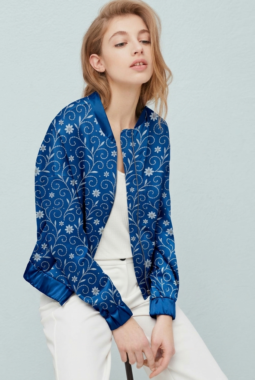 FS069 White Floral on Blue Seamless Pattern