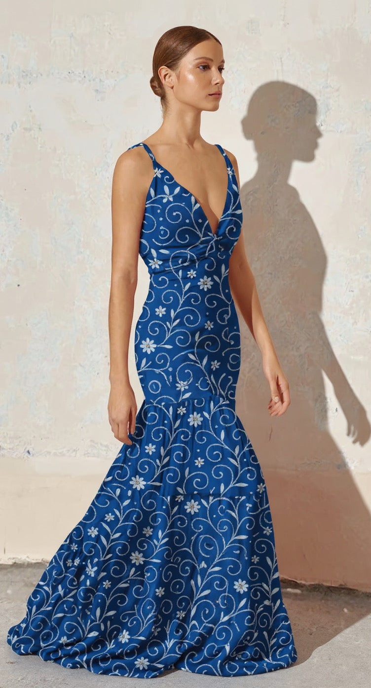 FS069 White Floral on Blue Seamless Pattern