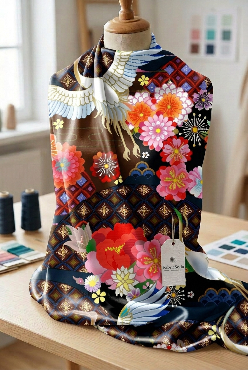 FS074 Japanese Style Crane Floral Seamless Pattern