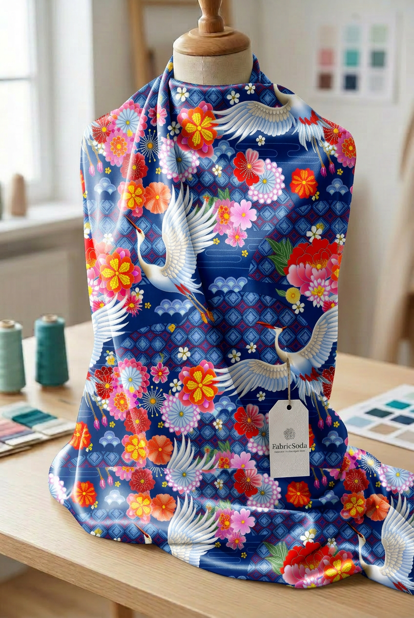FS084 Japanese Style Crane Floral Seamless Pattern