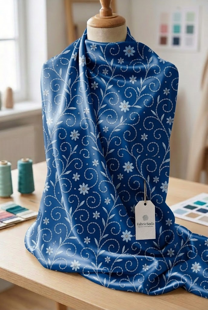 FS069 White Floral on Blue Seamless Pattern