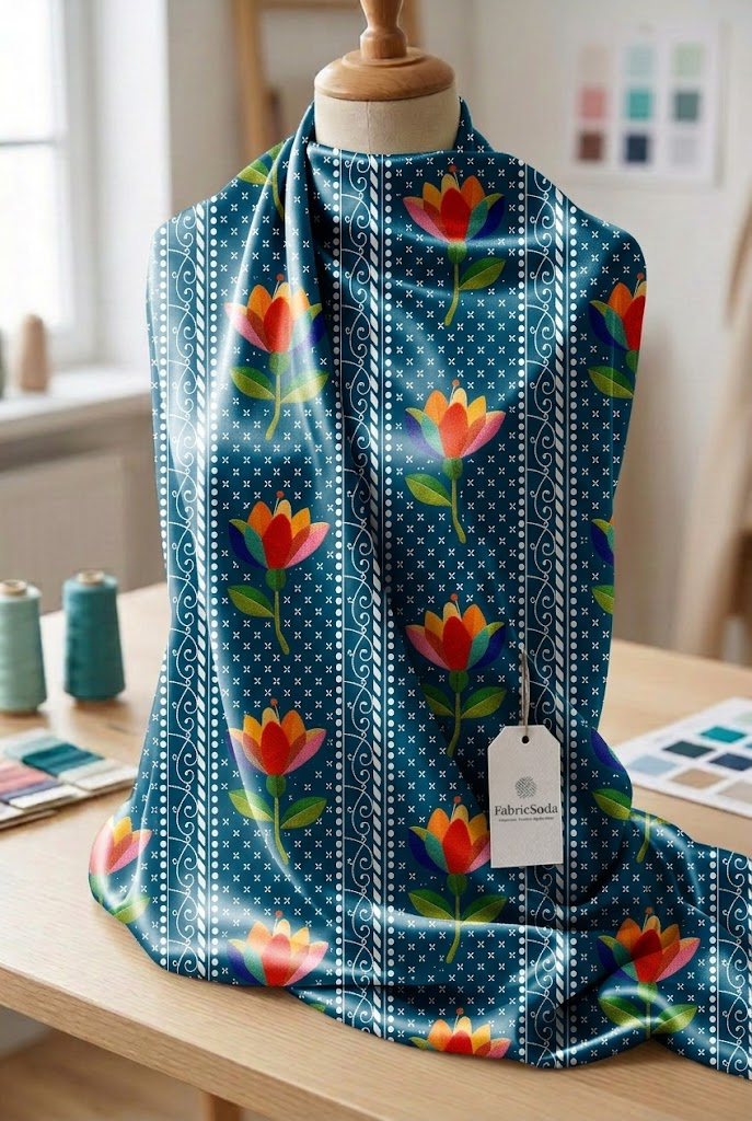 FS066 Orange Flower on Teal Floral Seamless Pattern